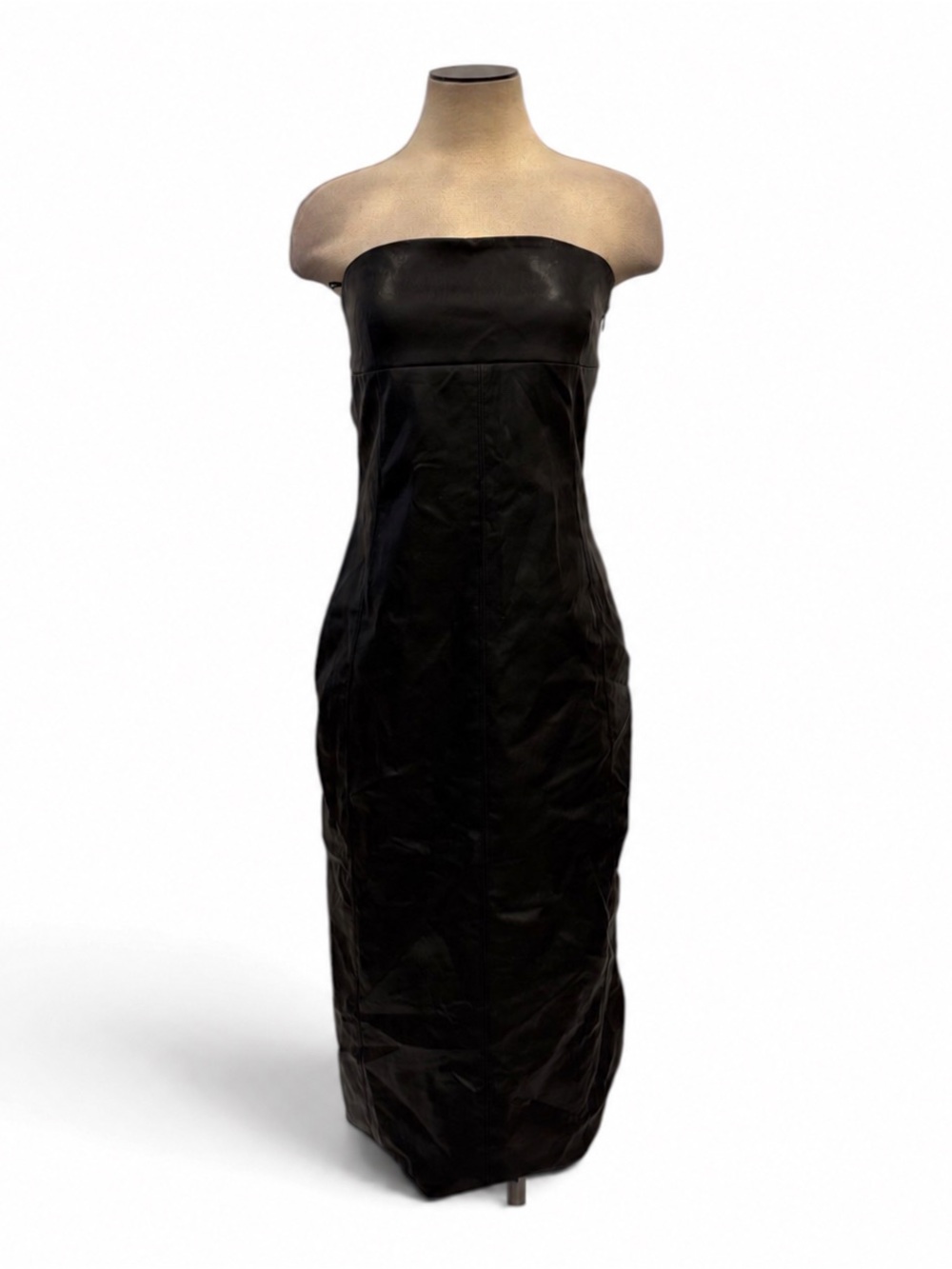 Zara NWT Black Faux Leather Strapless Bodycon Midi Dress Size M